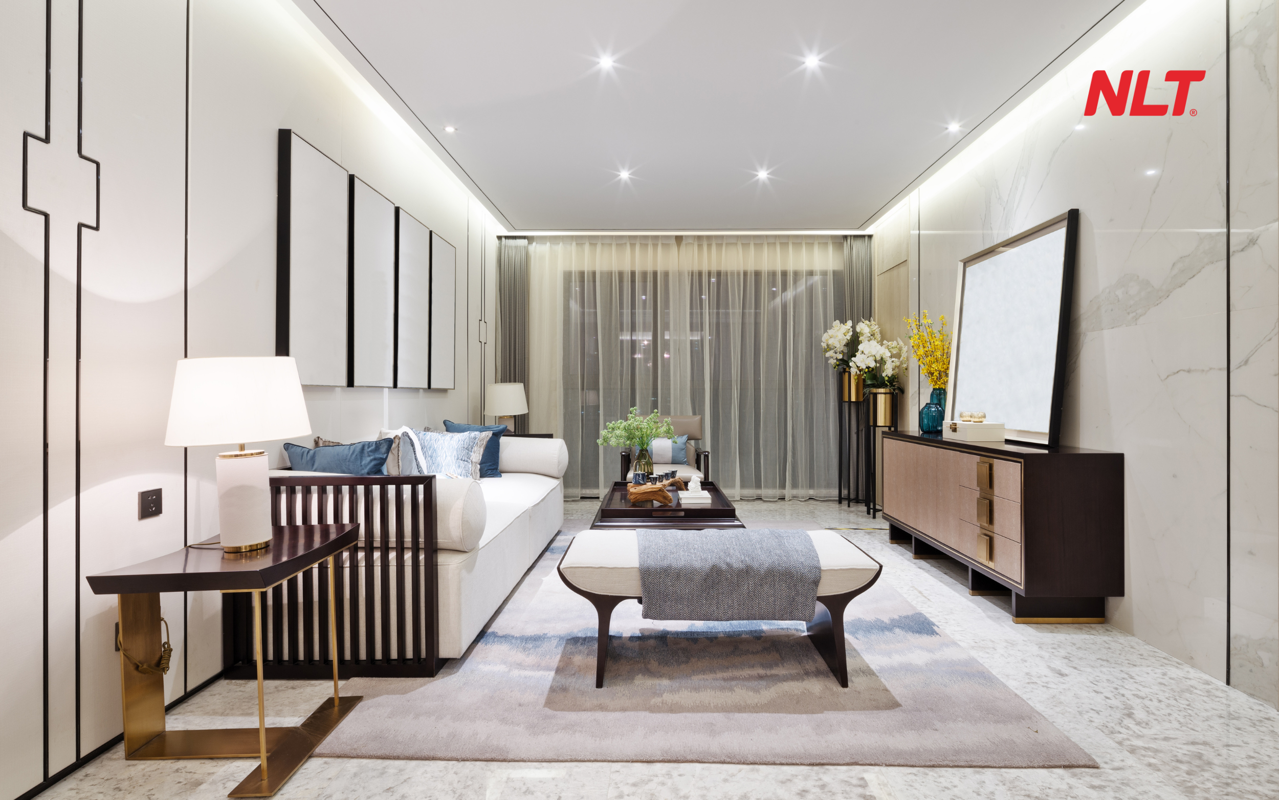 Gạch Ceramic Lát phòng khách bằng gạch ceramic 600×1200, mạch tối giản